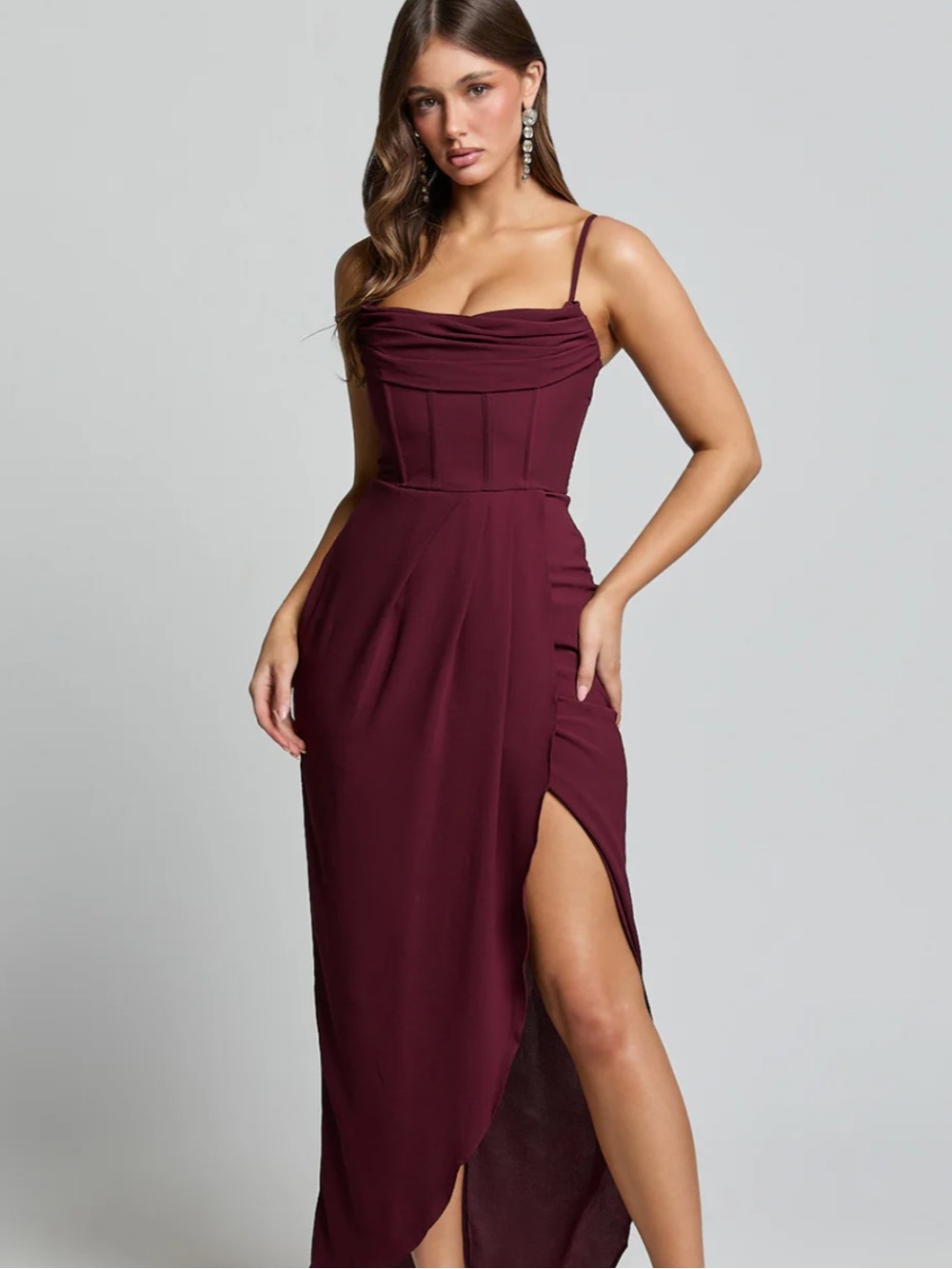 Showpo Burgundy Spaghetti-Strap Maxi Dress with Side Slit